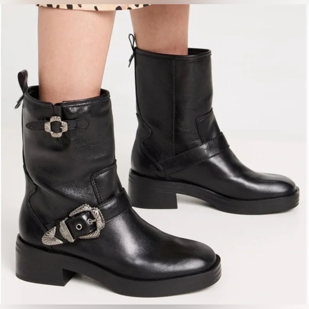 Larroudé Hardy Moto Black Leather Western Pull On Boots New US 6